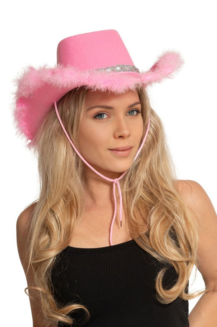 Cowboyhut Glitzer mit Fell Rosa - 6er Pack