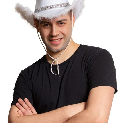 Cowboyhut Glitter mit Fell Weiß - 6er Pack