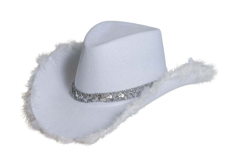 Cowboyhut Glitter mit Fell Weiß - 6er Pack