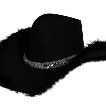 Cowboyhut Glitter mit Fell Schwarz - 6er Pack