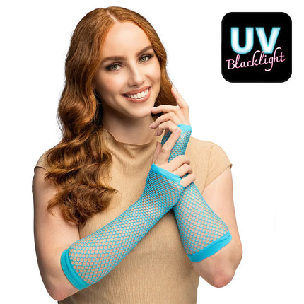 Ein Paar Handschuhe mit Ellbogenschutz aus Mesh, neonblau