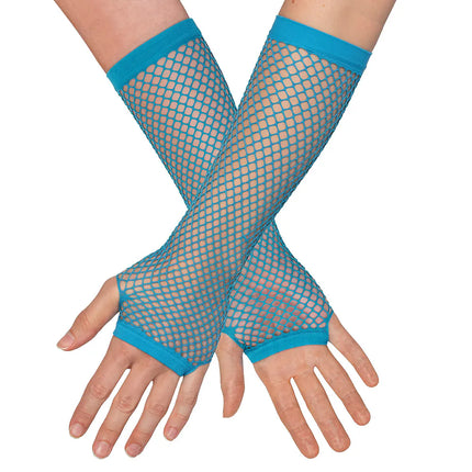 Ein Paar Handschuhe mit Ellbogenschutz aus Mesh, neonblau