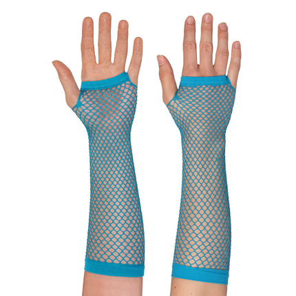 Ein Paar Handschuhe mit Ellbogenschutz aus Mesh, neonblau