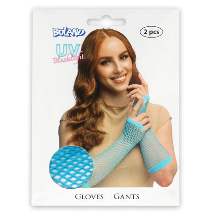 Ein Paar Handschuhe mit Ellbogenschutz aus Mesh, neonblau