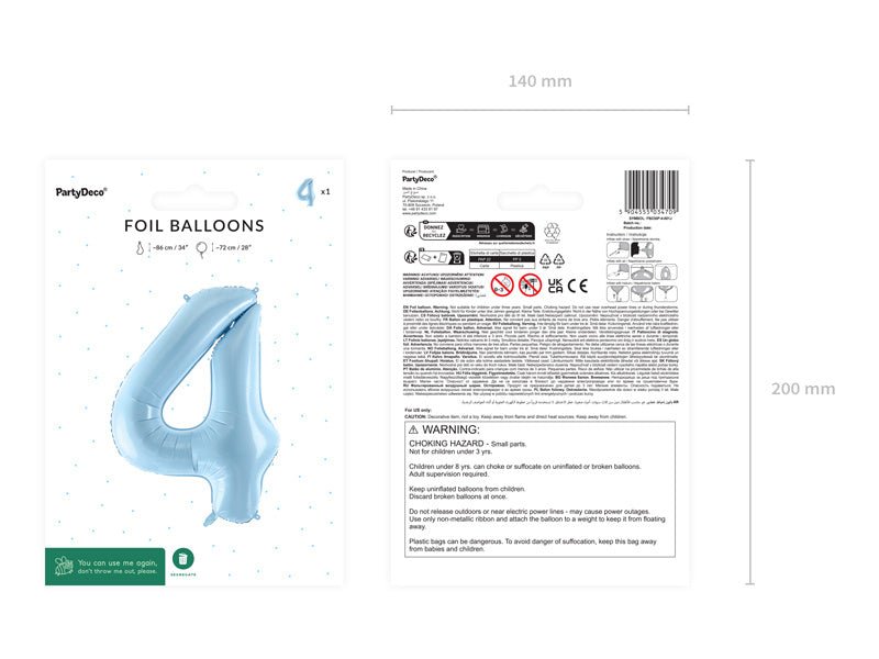 4 Jaar Cijfer Ballon Lichtblauw Leeg 72cm van Partydeco koop je bij Partywinkel