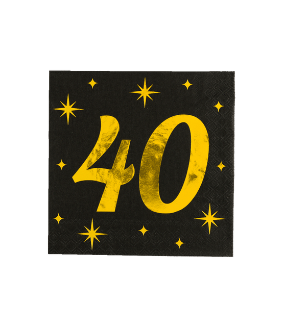 40 Jaar Servetten Zwart Goud 19cm 16st - Partywinkel - 8716764238239