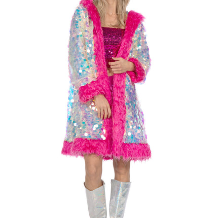 Holografische Paillettenjacke lang mit Fell