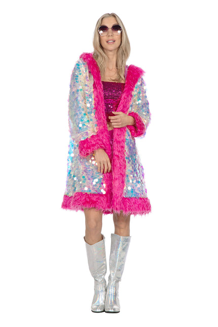 Holografische Paillettenjacke lang mit Fell