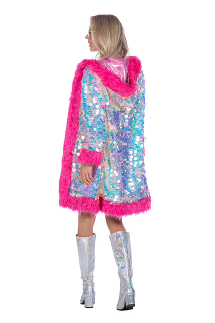 Holografische Paillettenjacke lang mit Fell
