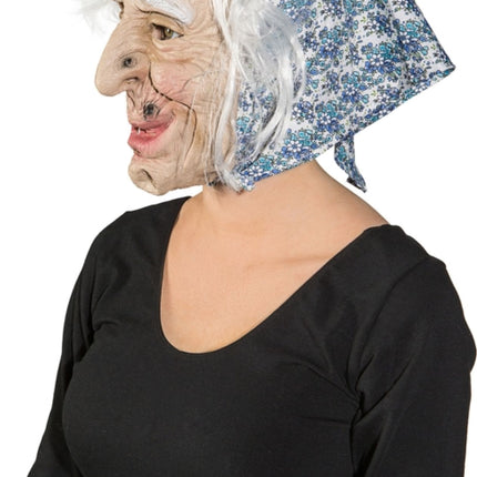 Hexenmaske mit blauem Kopftuch und Haaren