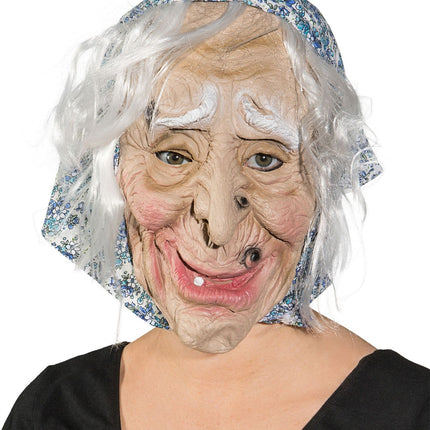 Hexenmaske mit blauem Kopftuch und Haaren