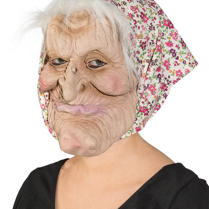 Hexenmaske mit Blumen-Kopftuch und Haaren