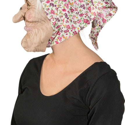 Hexenmaske mit Blumen-Kopftuch und Haaren
