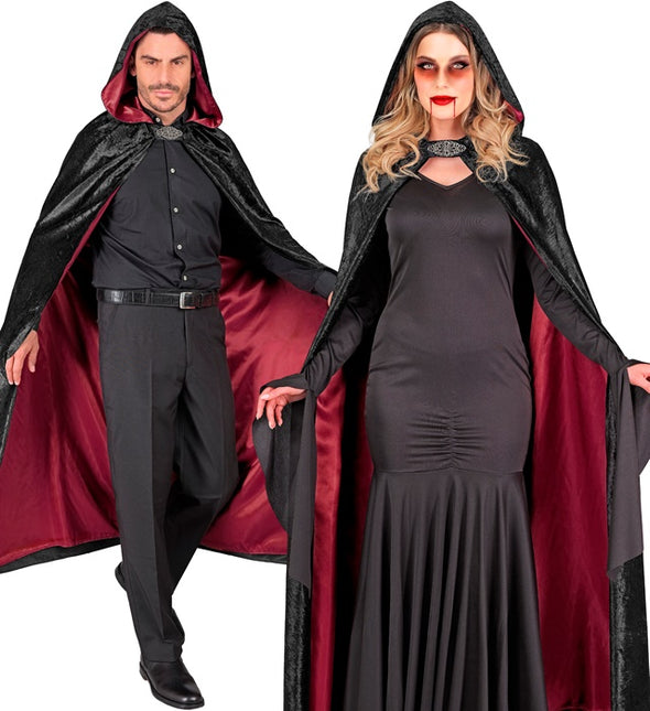 Cape mit Kapuze Schwarzer roter Samt mit rotem Innenfutter 140cm