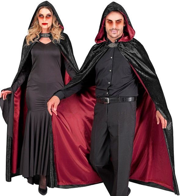 Cape mit Kapuze Schwarzer roter Samt mit rotem Innenfutter 140cm
