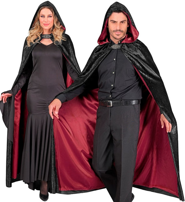 Cape mit Kapuze Schwarzer roter Samt mit rotem Innenfutter 140cm