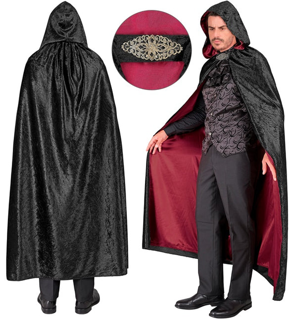 Cape mit Kapuze Schwarzer roter Samt mit rotem Innenfutter 140cm