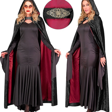 Cape mit Kapuze Schwarzer roter Samt mit rotem Innenfutter 140cm