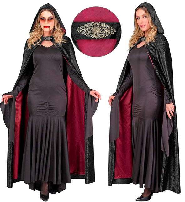 Cape mit Kapuze Schwarzer roter Samt mit rotem Innenfutter 140cm
