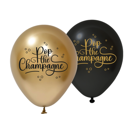 8 Latex Ballons 30cm 1-seitig - Pop The Champagne - schwarz