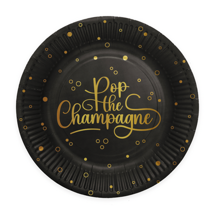 8 Pappteller - 23 cm - Pop the Champagne - schwarz