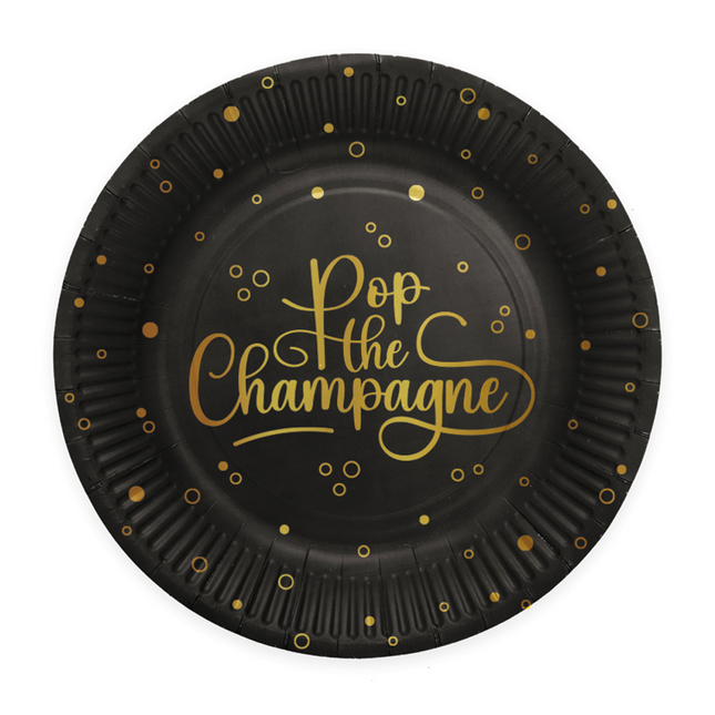8 Pappteller - 23 cm - Pop the Champagne - schwarz