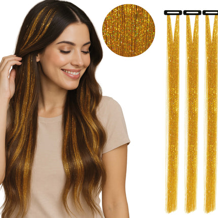 Gold Haarverlängerung Glitter 50cm 3Stück