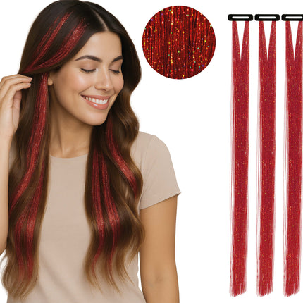 Rote Haarverlängerung Glitzer 50cm 3Stück