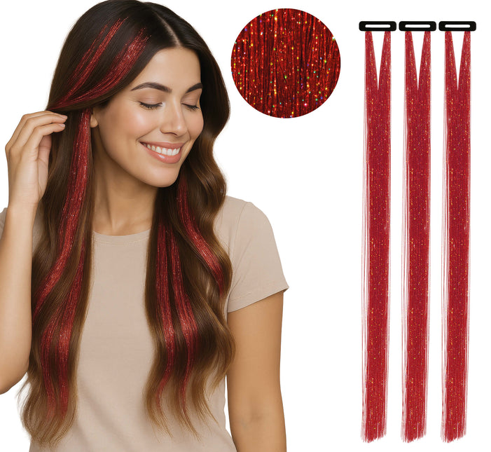 Rote Haarverlängerung Glitzer 50cm 3Stück