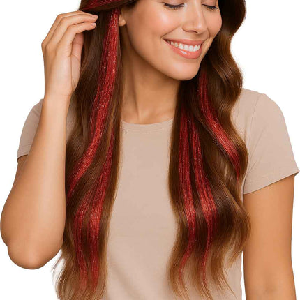 Rote Haarverlängerung Glitzer 50cm 3Stück