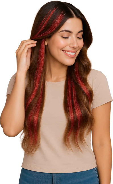 Rote Haarverlängerung Glitzer 50cm 3Stück