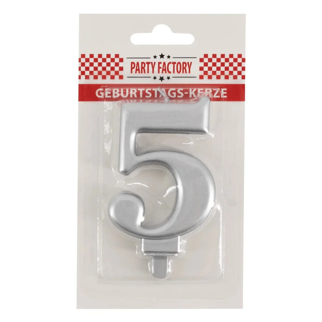 5 Jaar Kaars Zilver Metellic 7cm van VDV Benefit koop je bij Partywinkel