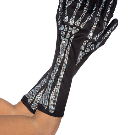 Skelett Handschuhe Schwarz Silber Strass