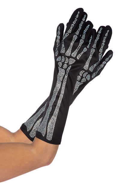 Skelett Handschuhe Schwarz Silber Strass