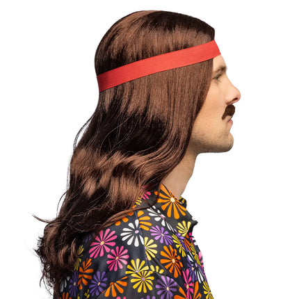 Bruin Pruik Lang Met Haarband En Snor