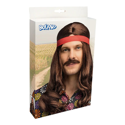Bruin Pruik Lang Met Haarband En Snor