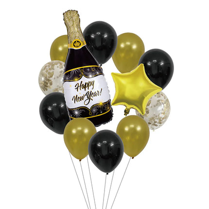 Ballonset „Happy New Year“ (2 Folienballons, 10 Latexballons, Strohhalm und 10 m Band)