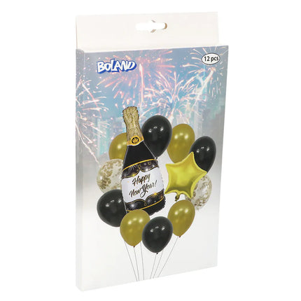 Ballonset „Happy New Year“ (2 Folienballons, 10 Latexballons, Strohhalm und 10 m Band)