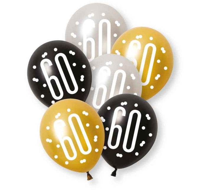 60 Jaar Ballonnen Zwart Goud 30cm 6st van Unique koop je bij Partywinkel