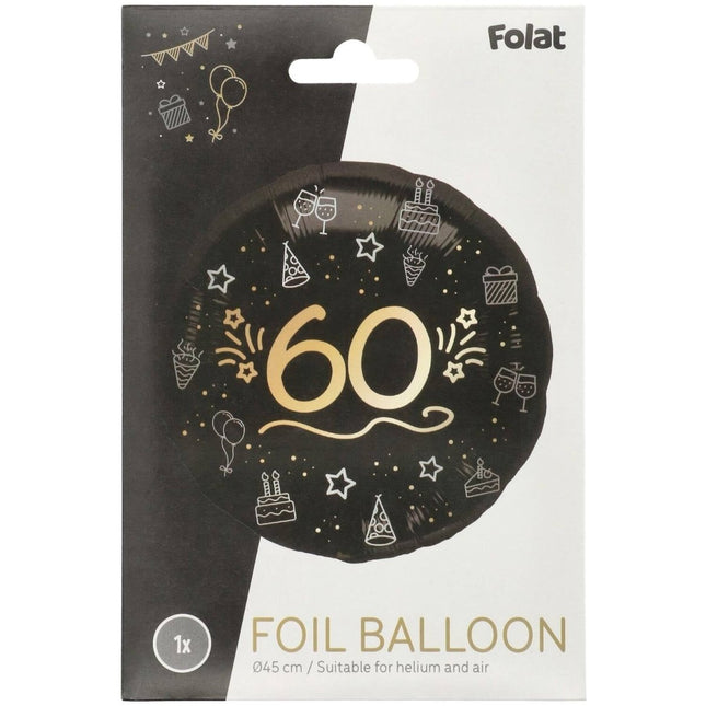 60 Jaar Helium Ballon Zwart Goud Leeg 45cm van Folat koop je bij Partywinkel
