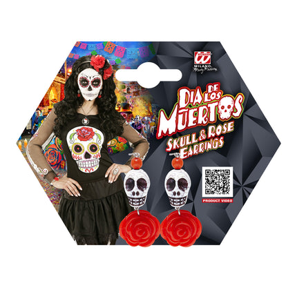 Halloween Ohrringe Rot Weiß Totenköpfe mit Rose