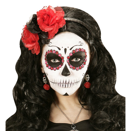 Halloween Ohrringe Rot Weiß Totenköpfe mit Rose