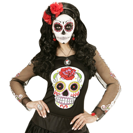 Halloween Ohrringe Rot Weiß Totenköpfe mit Rose