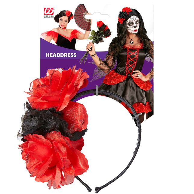 Dia De Los Muertos Haarband Rot Schwarz Blumen