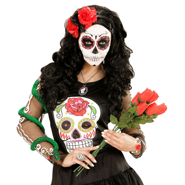 Dia De Los Muertos Haarband Rot Schwarz Blumen