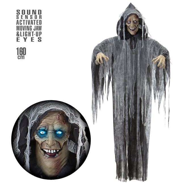 Halloween-Puppe Grauer Zombie mit Sound, Licht und Bewegung