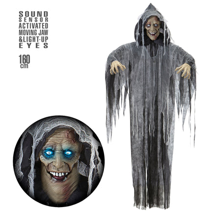 Halloween-Puppe Grauer Zombie mit Sound, Licht und Bewegung
