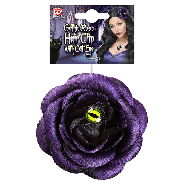 Halloween Haarspange Lila Rose mit Katzenauge