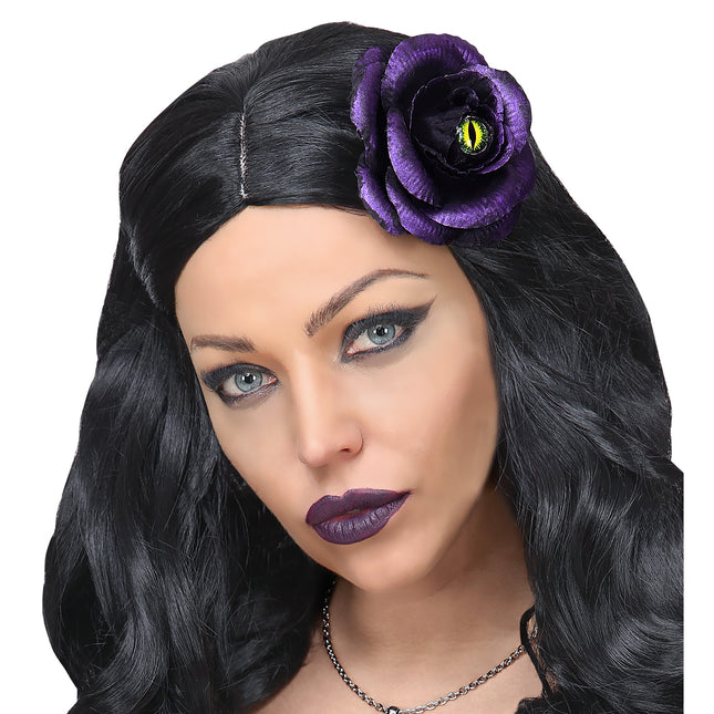 Halloween Haarspange Lila Rose mit Katzenauge