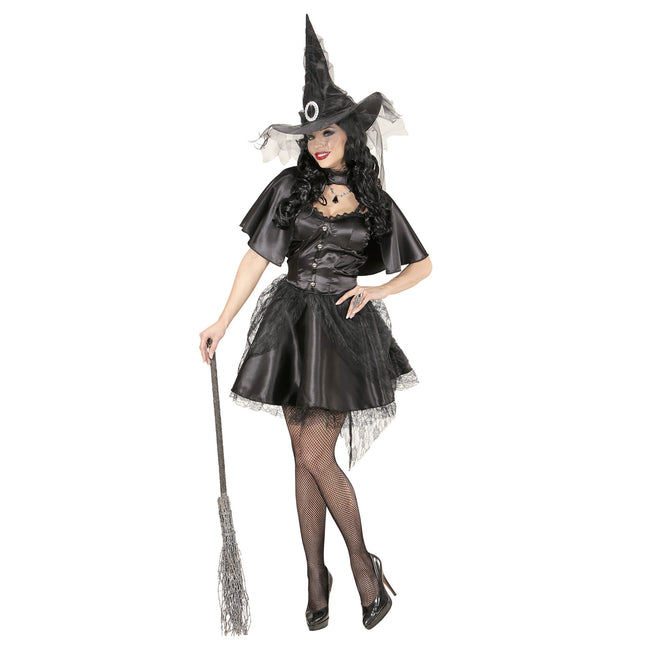 Halloween Kleid Schwarz Damen Hexe Tüll 3-teilig